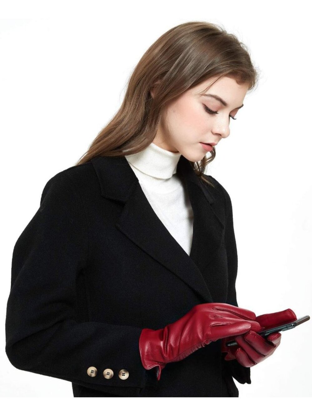 Women's Red Soft Genuine Lambskin Leather Cashmere Lined Winter Driving Gloves